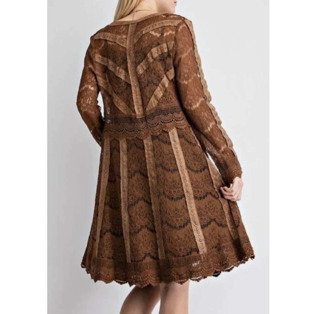 VOCAL Lace Studded Duster Cardigan NWOT Sz L Brown Faux Suede Boho Steampunk